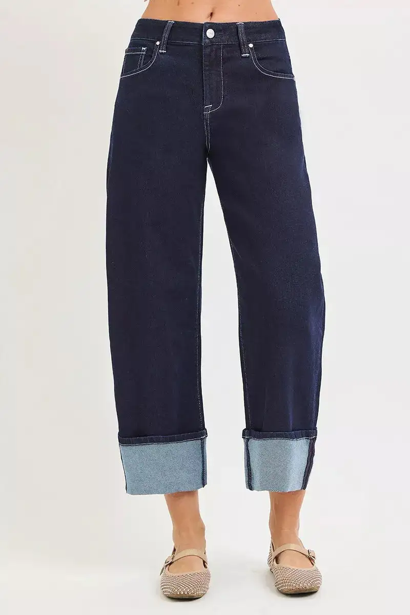 Cuffed Hem Barrel Leg Jeans