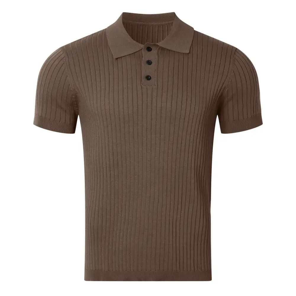 Sporty Ribbed Short Sleeve Fine Knit Polo Shirt