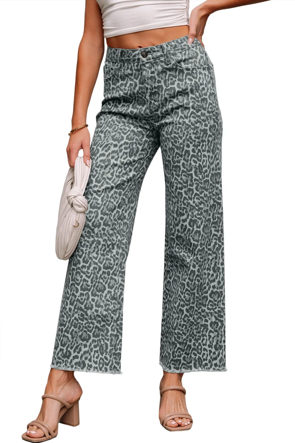 Gray Leopard Wide Leg Jeans