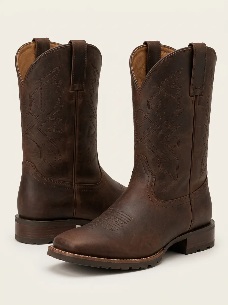 Men's Brown Leather Cowboy Boots with Geometric Detail