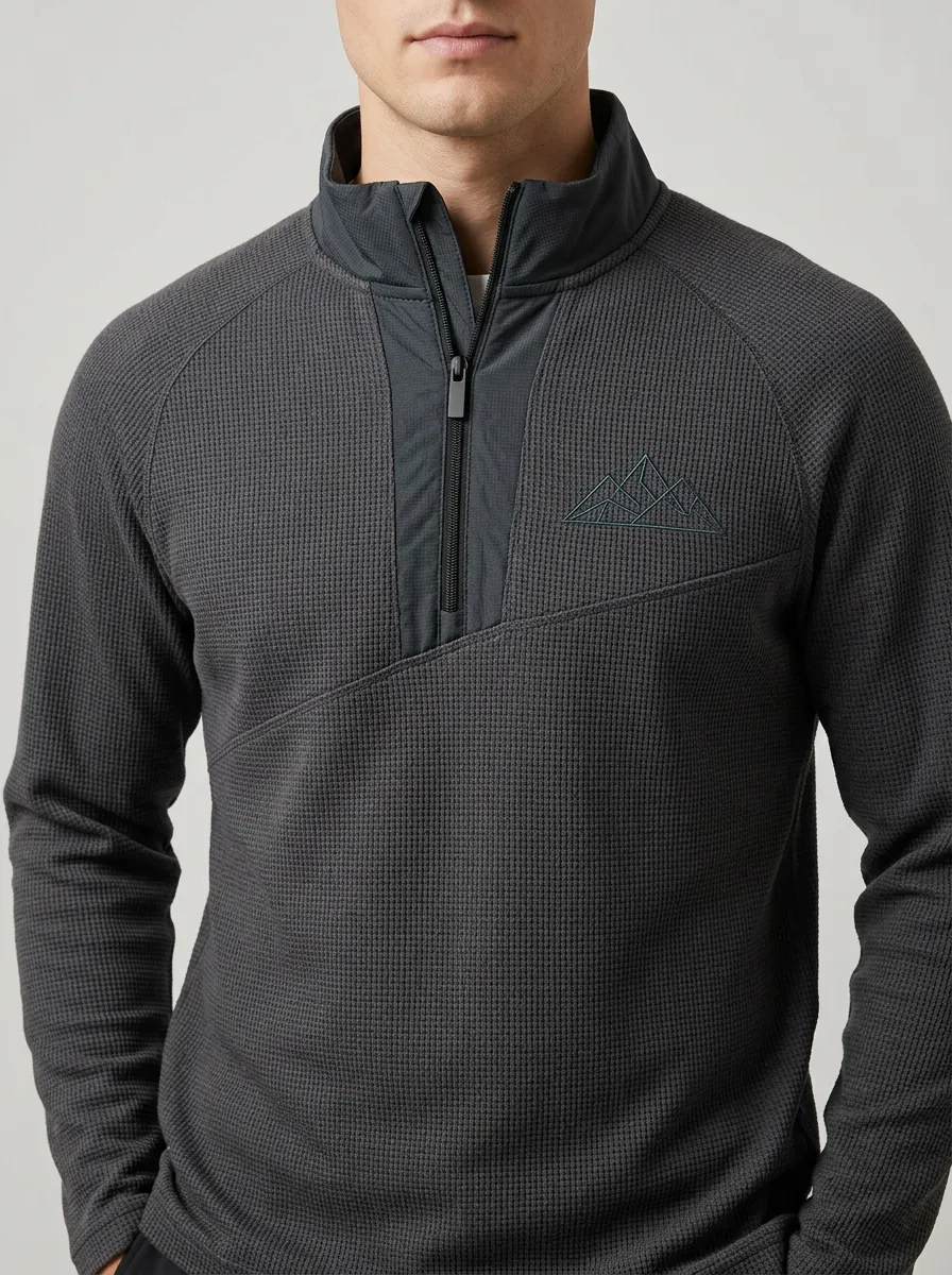 Everyday Waffle Knit Mountain Graphic Hiking-Inspired Layering Style Men's Half Zip Long Sleeve Pullover