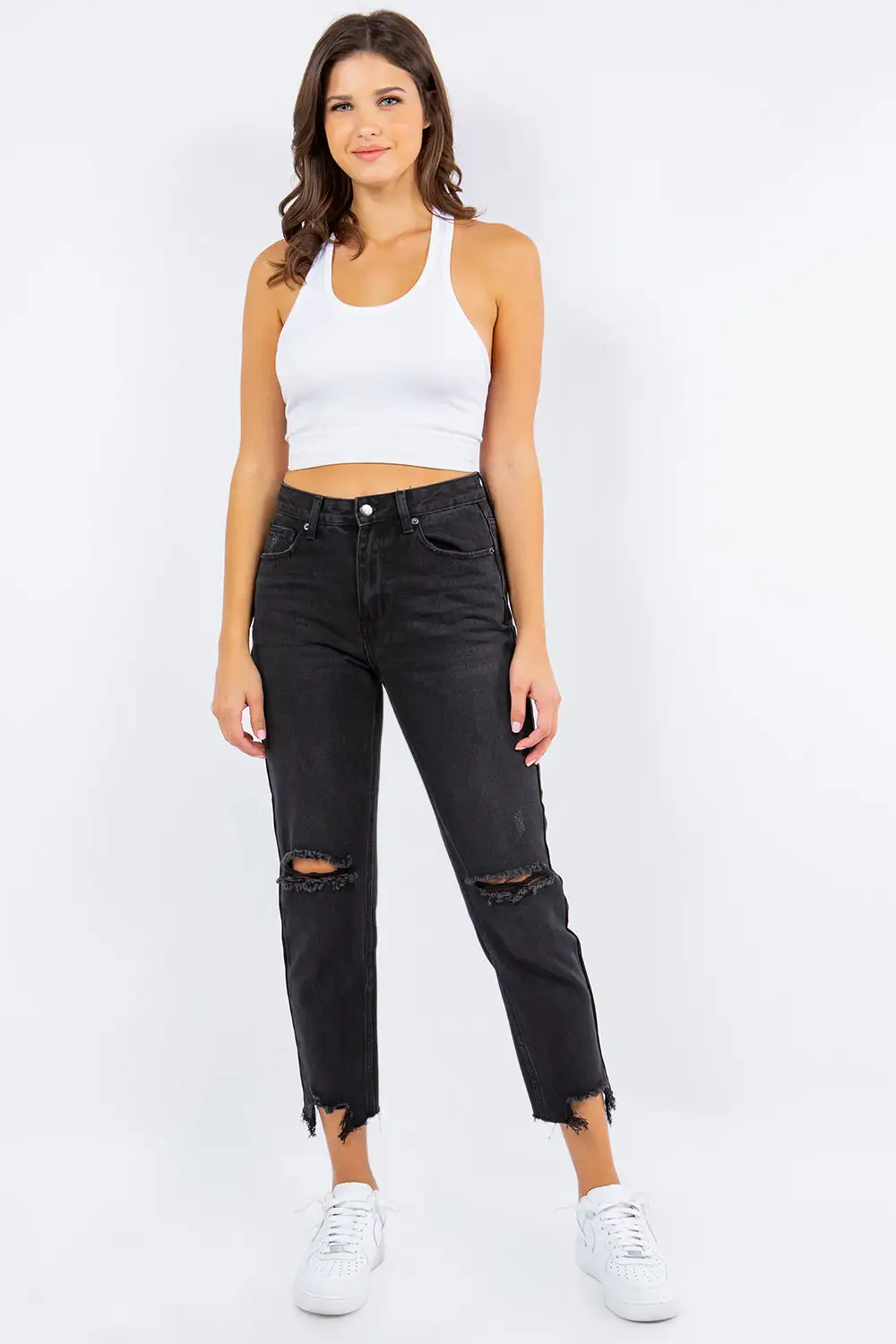 Contoured High Waist Straight Leg Distressed Denim Jeans