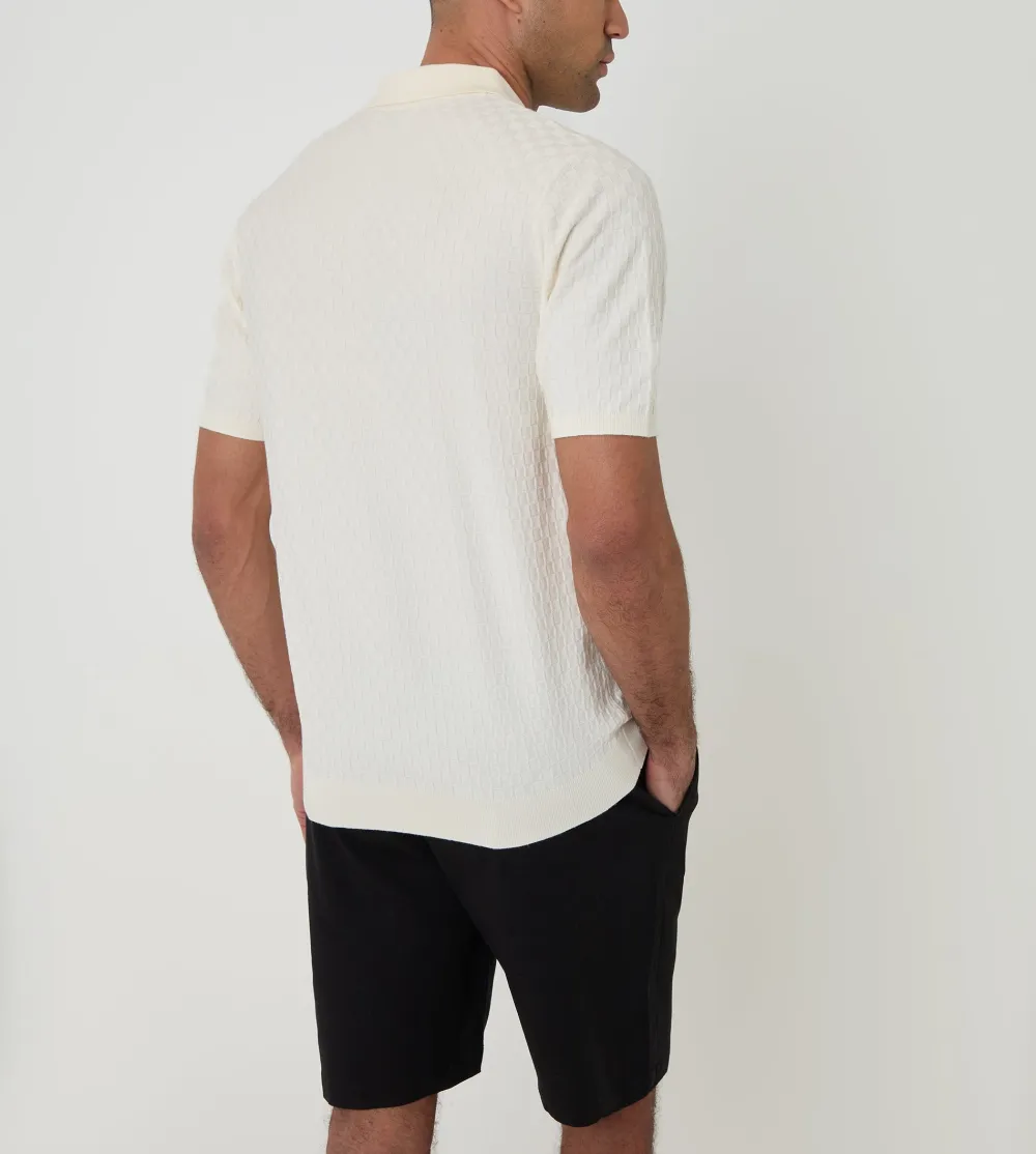 Men's Ecru Basket Stitch Knitted Polo