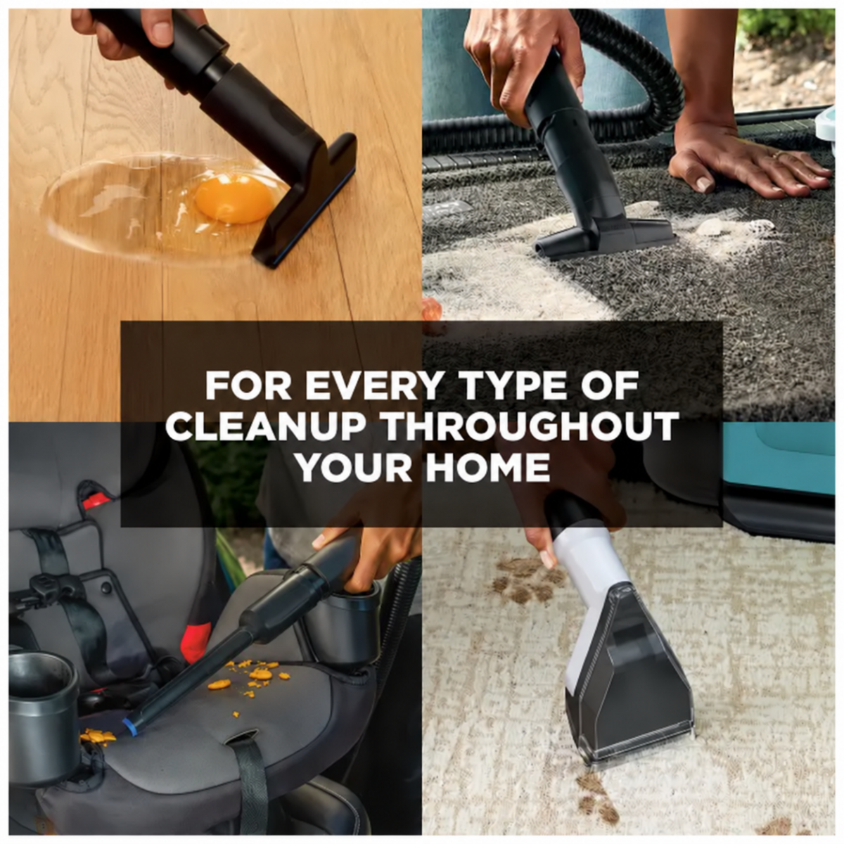 Portable cleaner shown in household cleaning scenarios