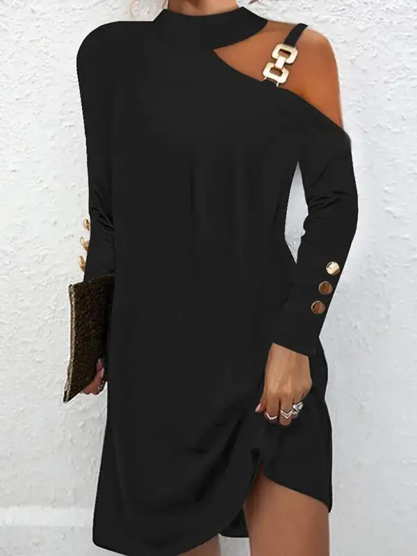 Long Sleeve Relaxed Asymmetric Buckle Buttoned Hollow One Shoulder Mini Dress