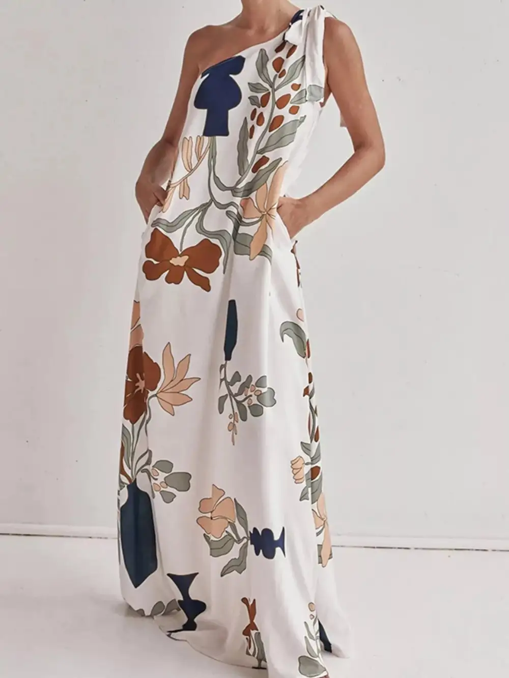 Bohemian Floral Print One Shoulder Maxi Dress