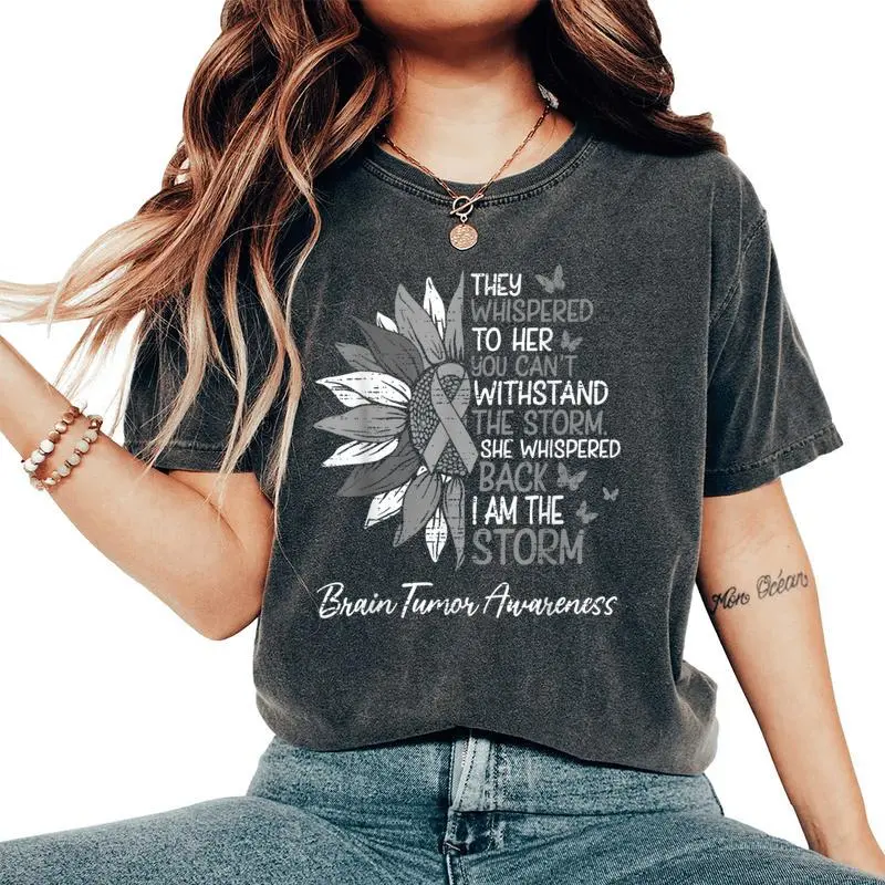 Motivational Brain Tumor Awareness Sunflower Ribbon Gray Women's Oversized Comfort T-Shirt
