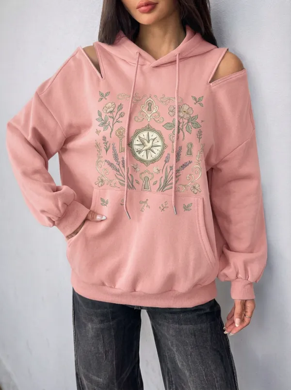 Women's Cottagecore Floral Key Compass Printed Cold Shoulder Hoodie