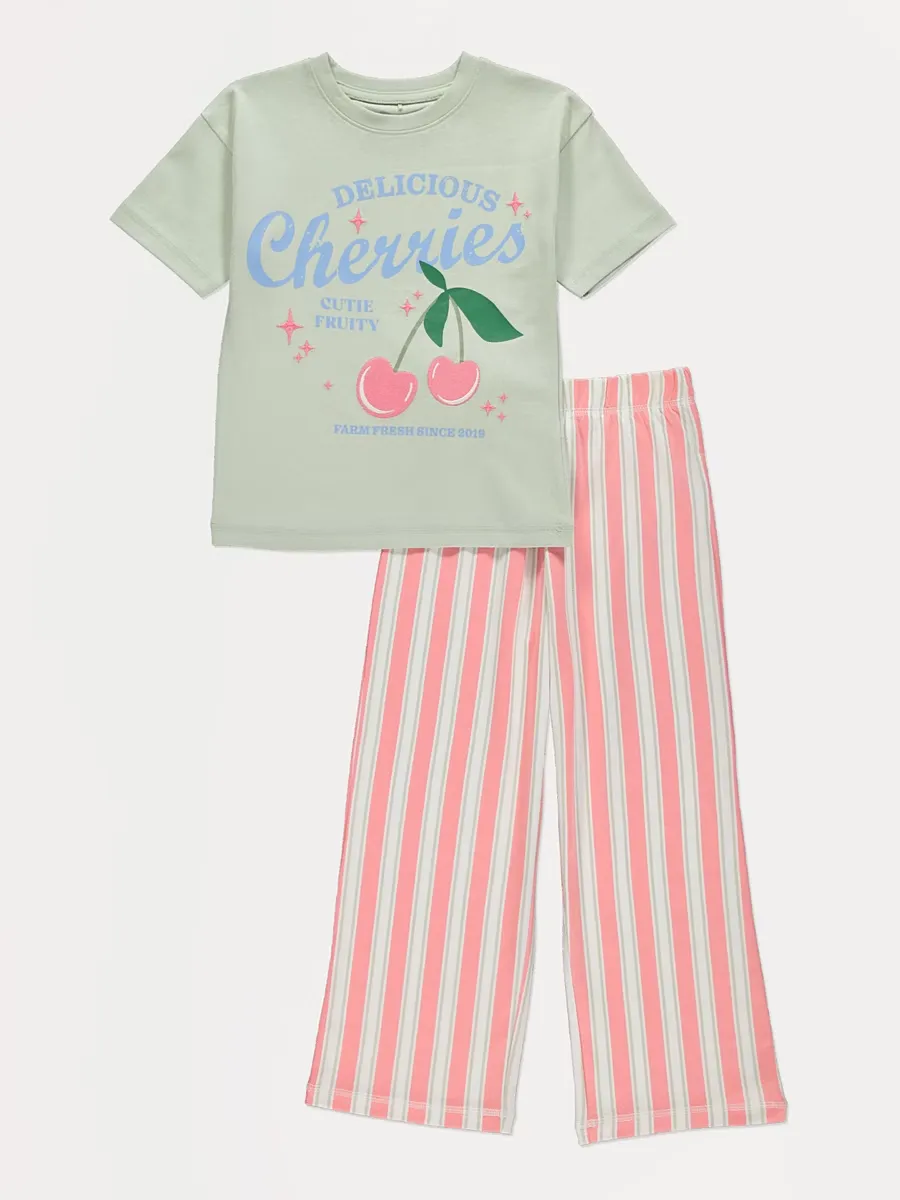 Sage Green Cherries Striped Pyjamas