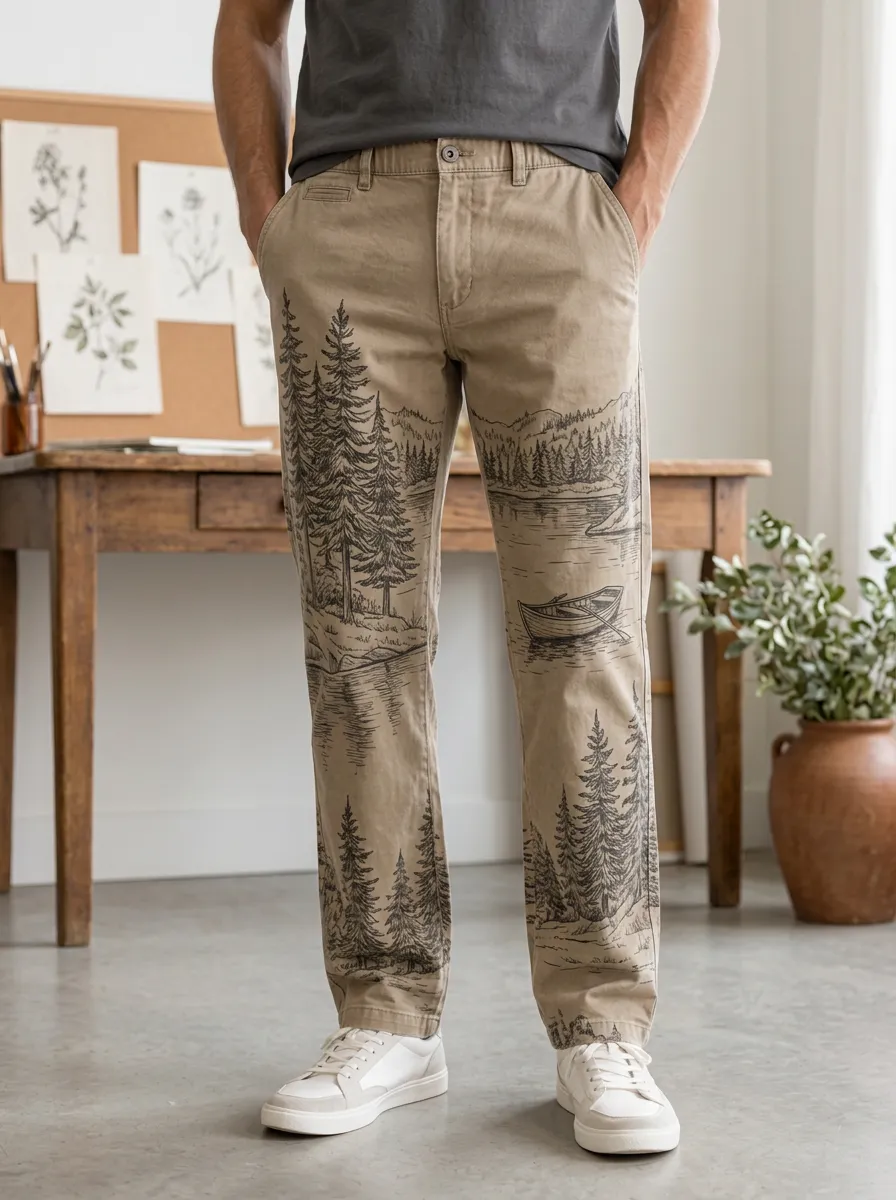 Men's Nature Outdoor Lover Forest Lake Boat Printed Pants