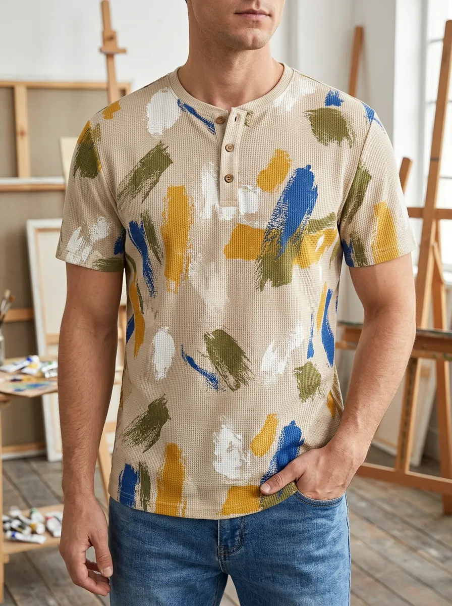 Men's Refined Abstract Brushstroke Waffle Illustration Henley T-Shirt
