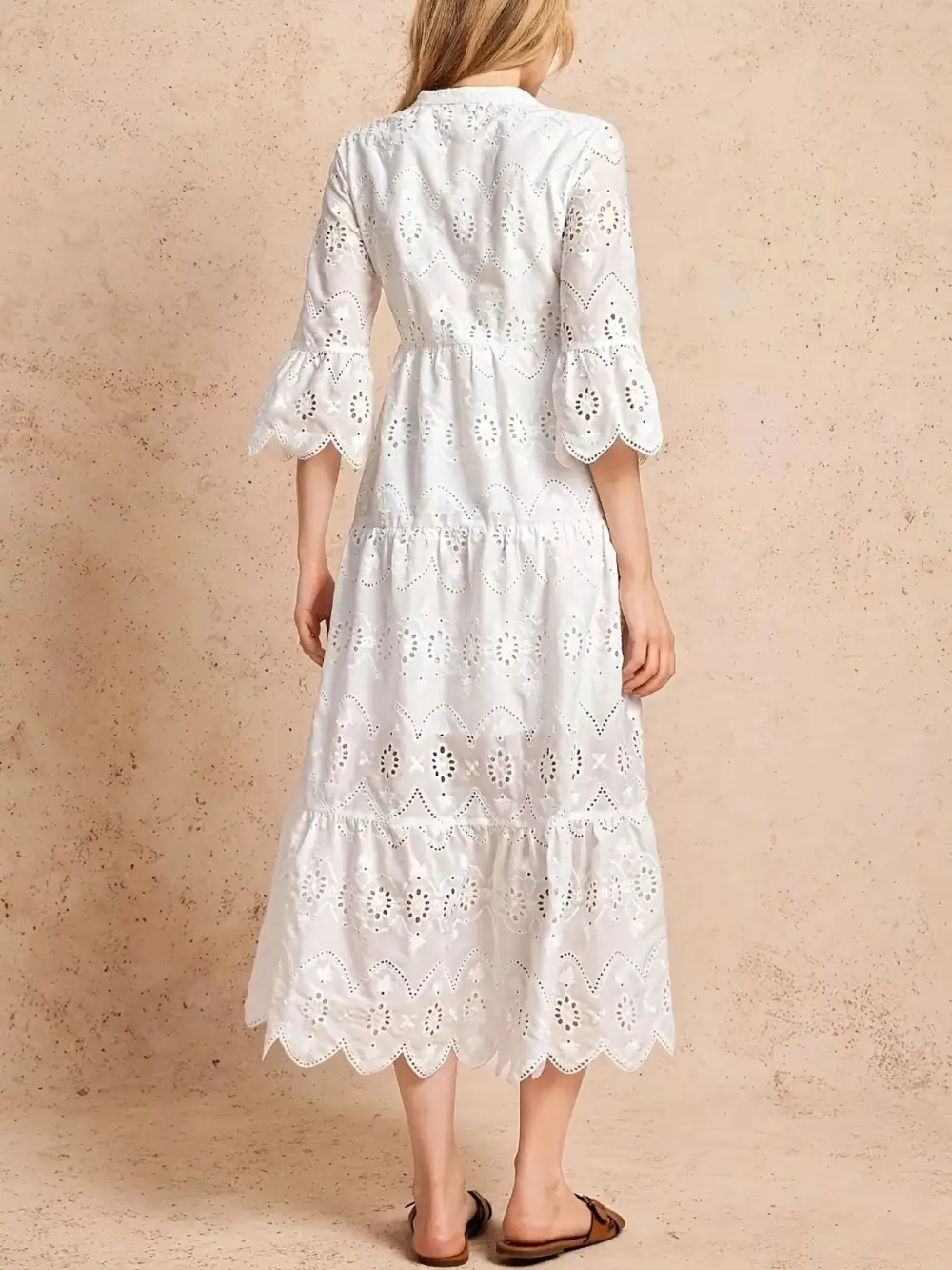 Eyelet Notched Tiered Midi Dress
