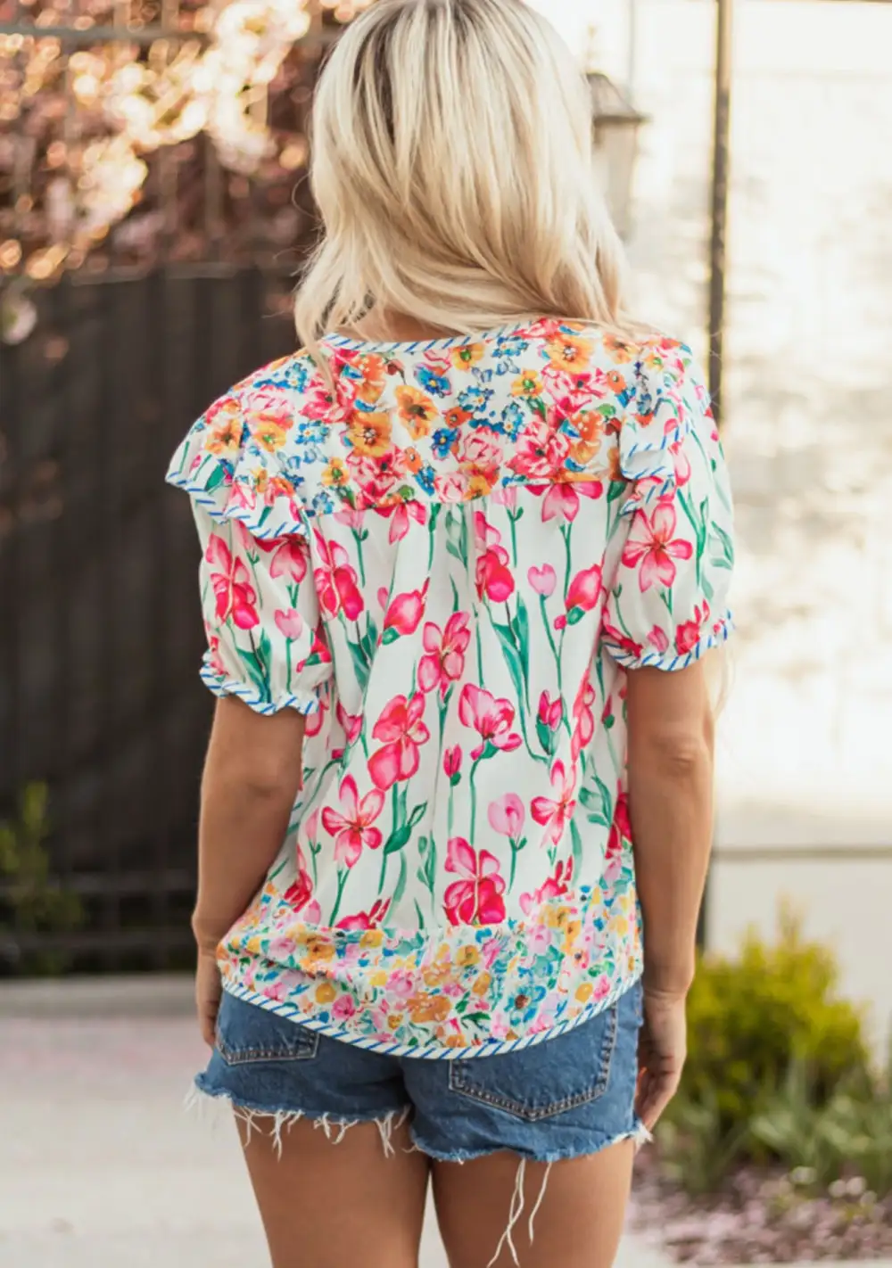 Floral Striped Neck Sleeve Blouse