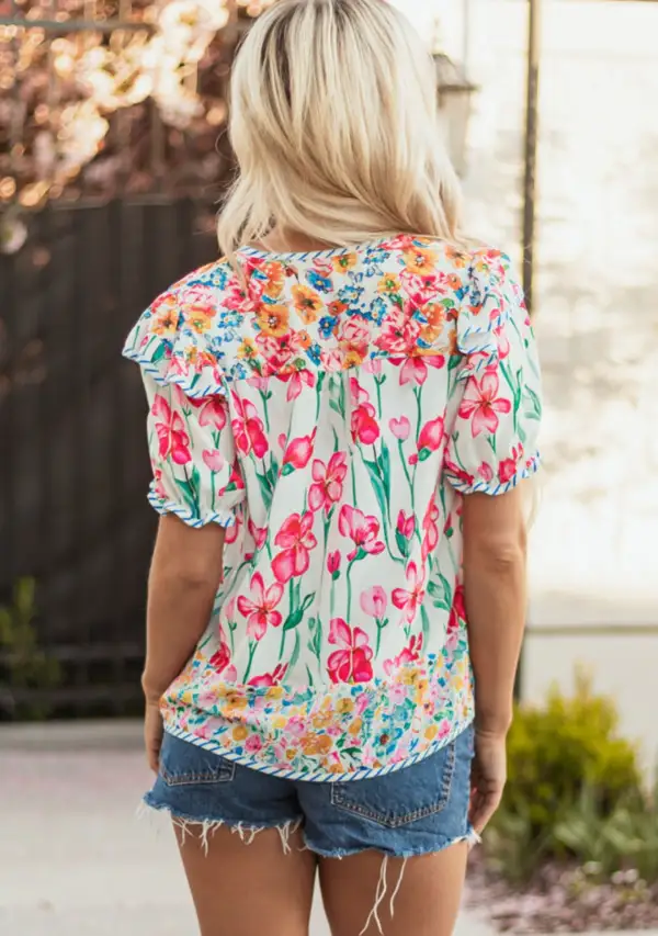 Floral Striped Neck Sleeve Blouse