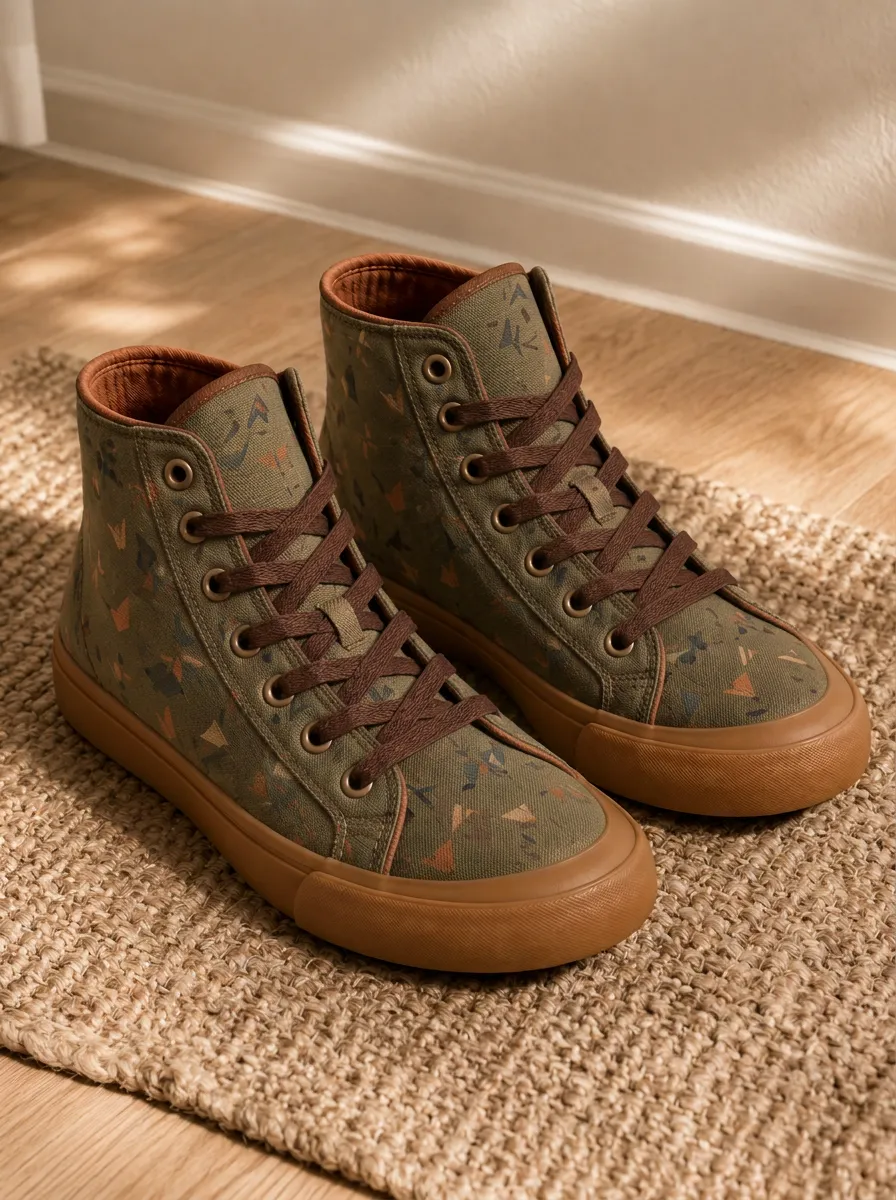 Men's Olive Geometric Pattern Printed Canvas High Top Shoes