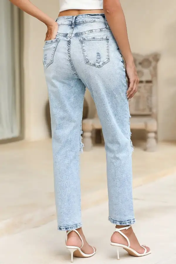 High Waist Distressed Frayed Hem Casual Jeans