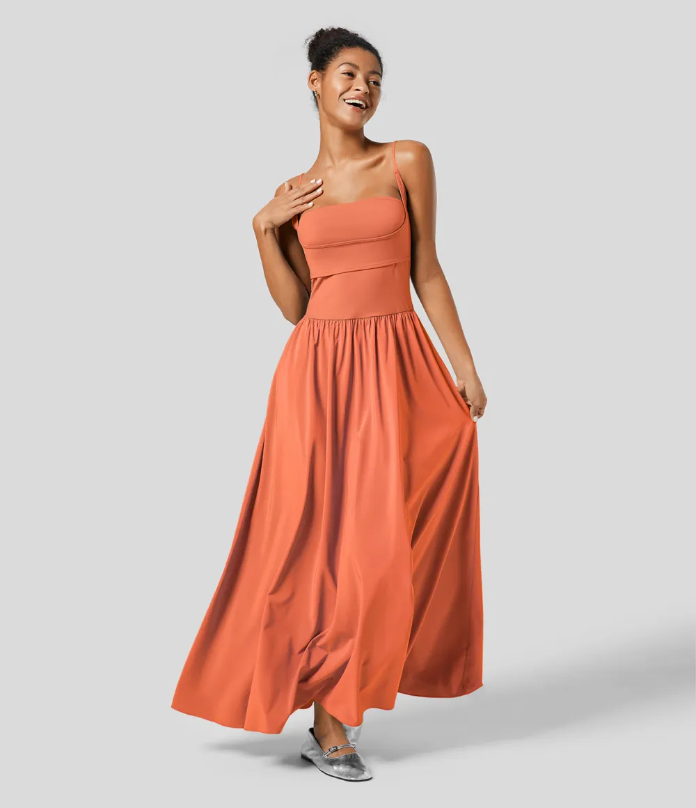 Breezeful Backless Side Pocket Plicated Flowy Flare Maxi Quick Dry Casual Slip Dress