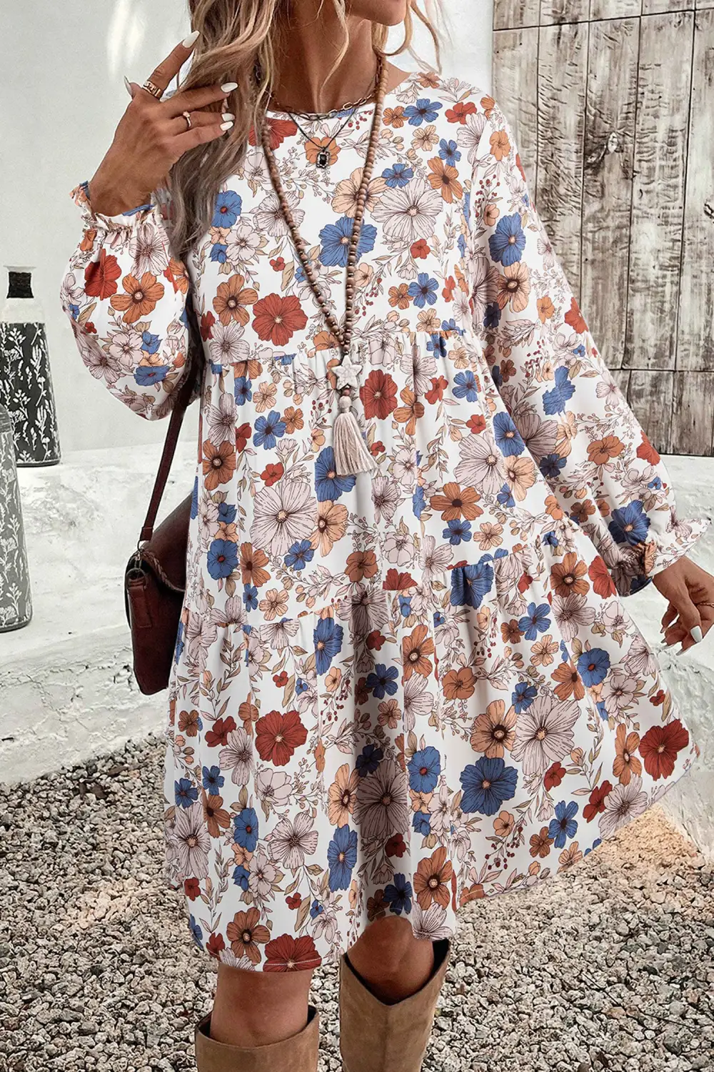 Floral Round Neck Ruffle Dress Casual