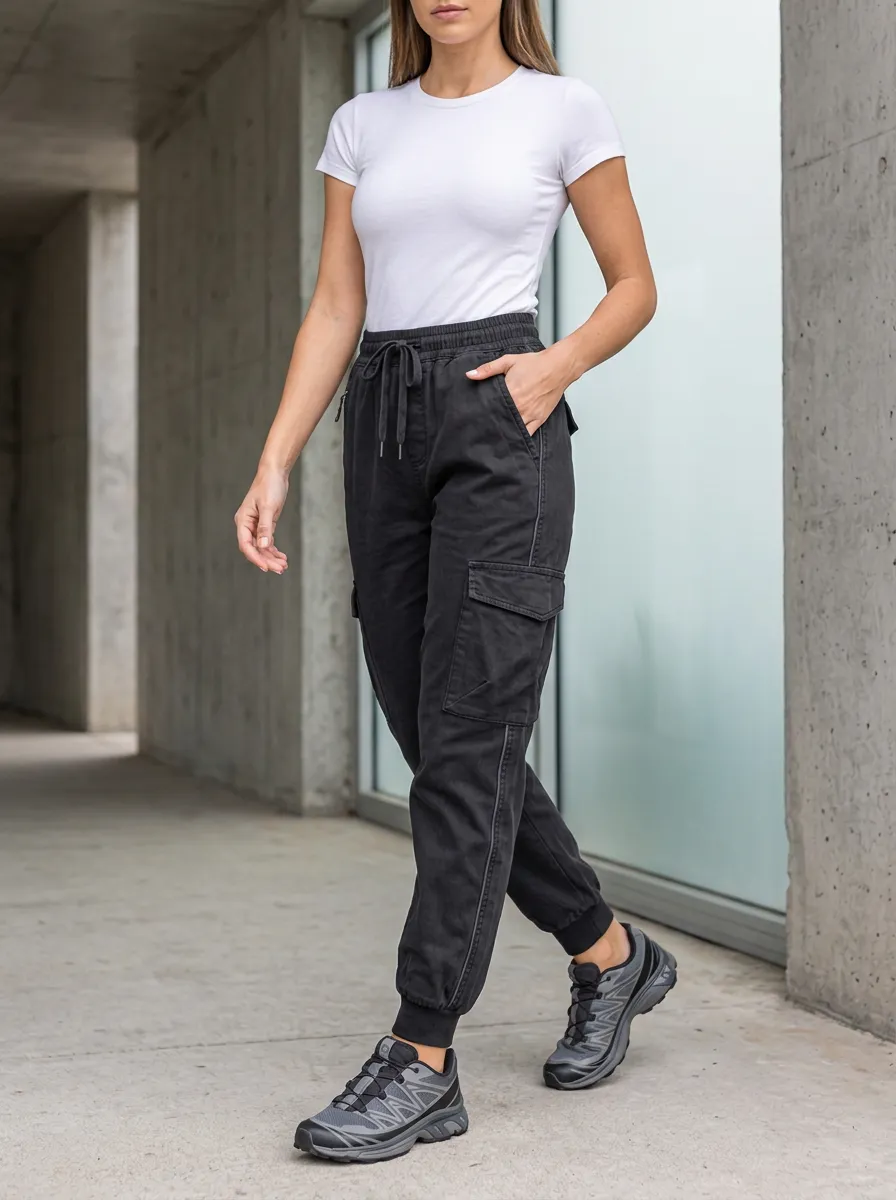 Women's Casual Streetwear Black High-Waisted Cargo Joggers