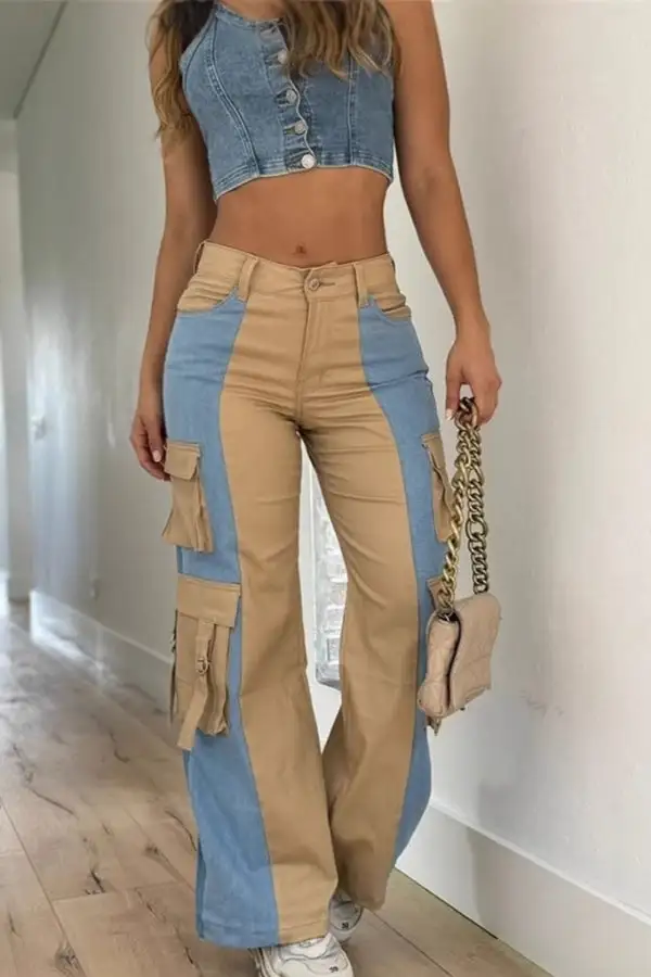 Patchwork Colorblock Multi-Pocket Straight Leg Jeans