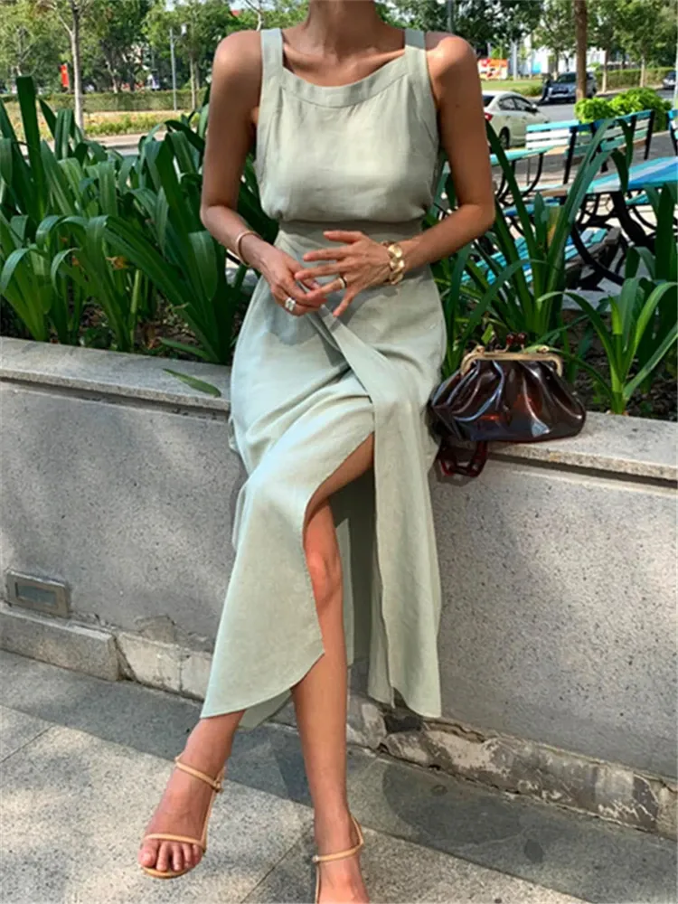 Sleeveless Lace Trim Linen Blend Maxi Dress