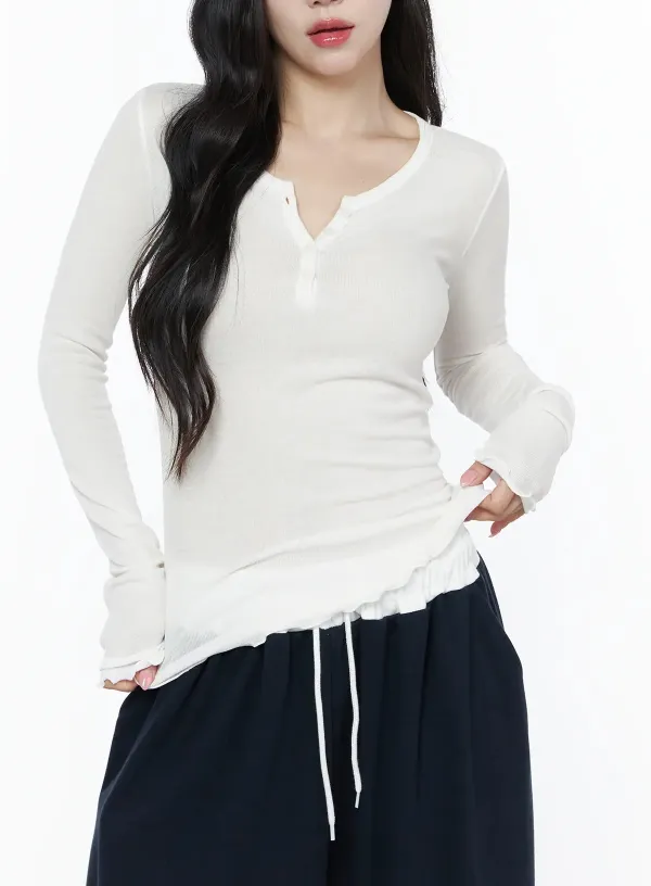 Slim-Fit Henley Neck Long Sleeve Tee