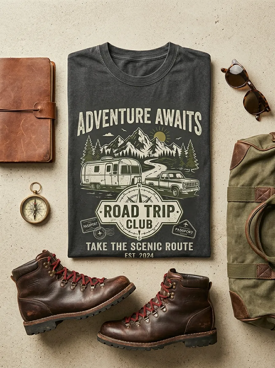 Unisex Road Trip Lover Camper Mountain Printed T-shirt