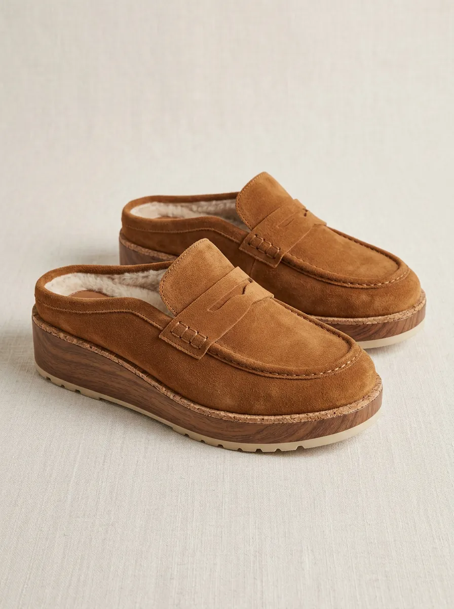 Women's Classic Faux Fur Lined Platform Clog Style Suede Wood Sole Loafers