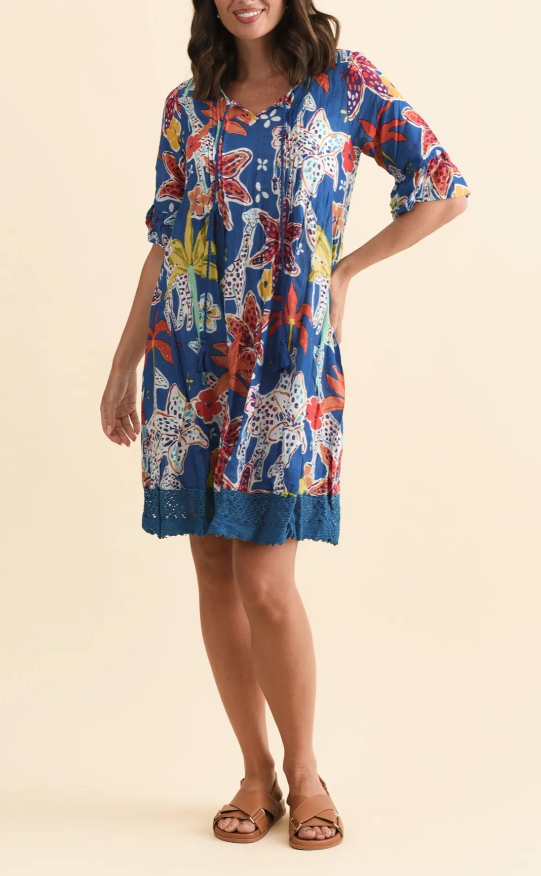 Graphic Cotton Pleated V-Neck Half-Sleeve A-Line Above-Knee Tunic Dress