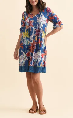 Graphic Cotton Pleated V-Neck Half-Sleeve A-Line Above-Knee Tunic Dress