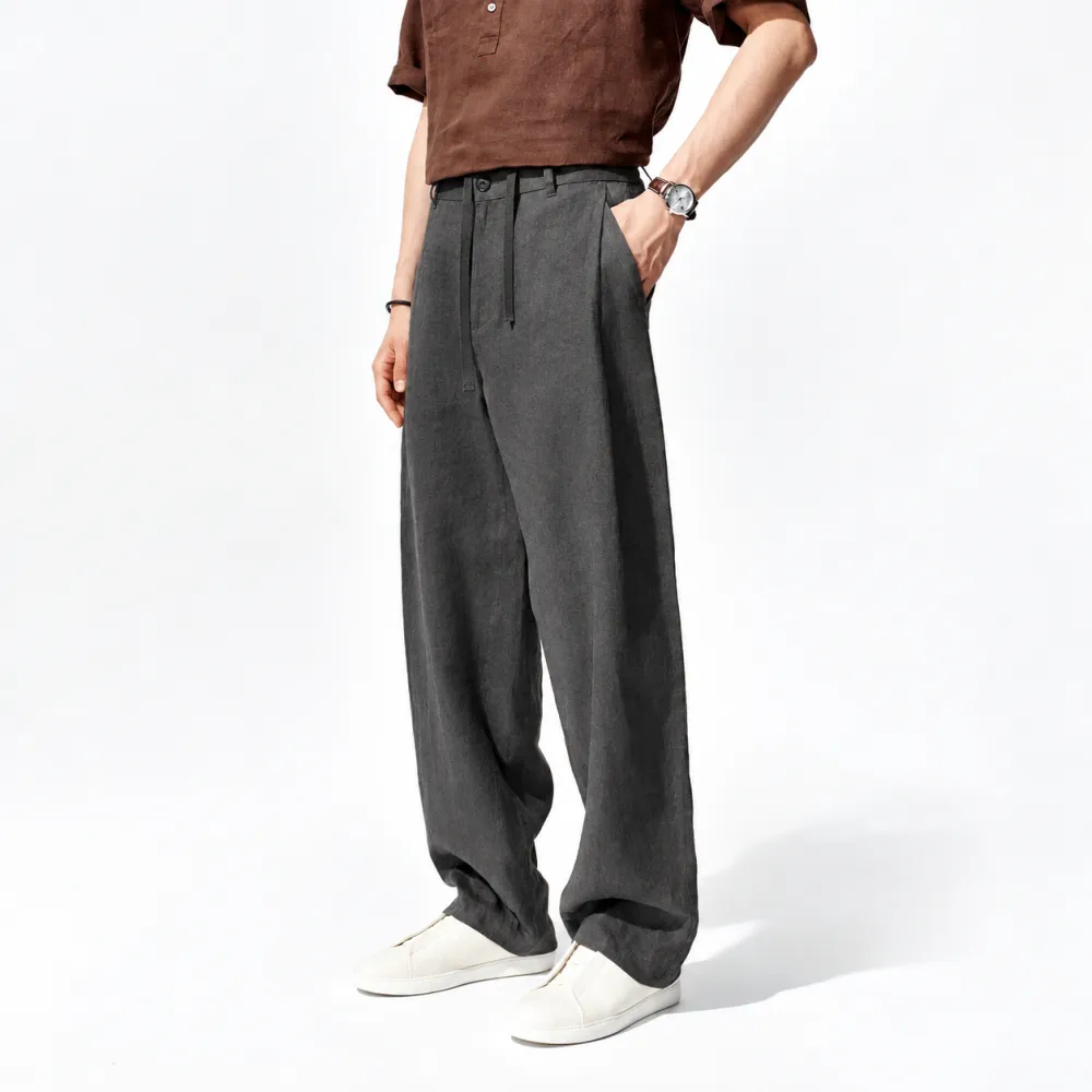 Men's Heavyweight Pure Linen Straight-Leg Casual Trousers – 
