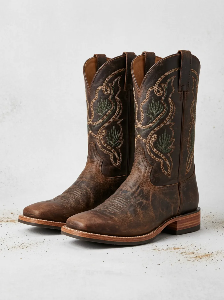 Men's Western Cowboy Green Cactus Embroidered Leather Boots