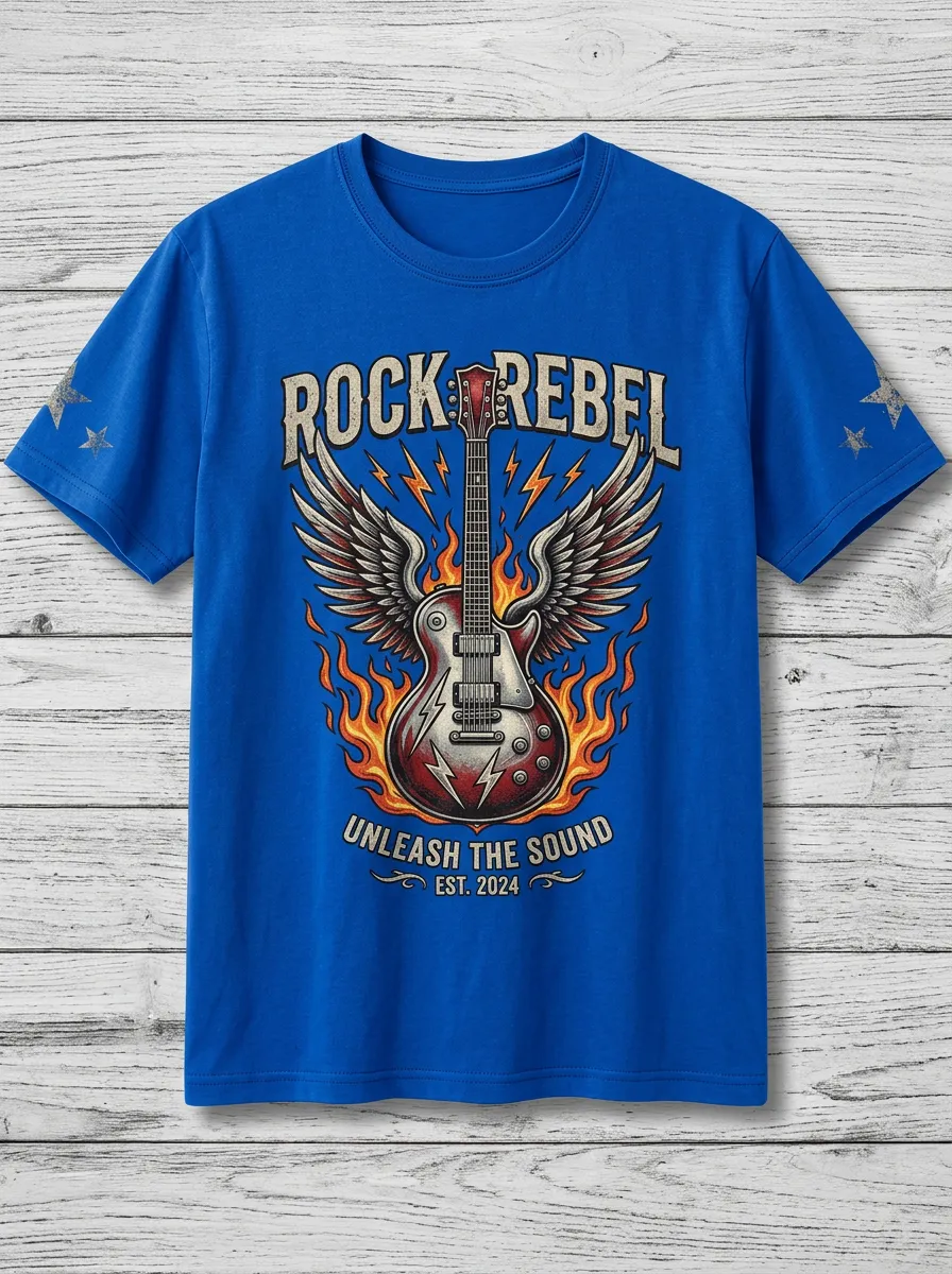 Men's Rock Music Lover Winged Guitar Fire Printed T-shirt
