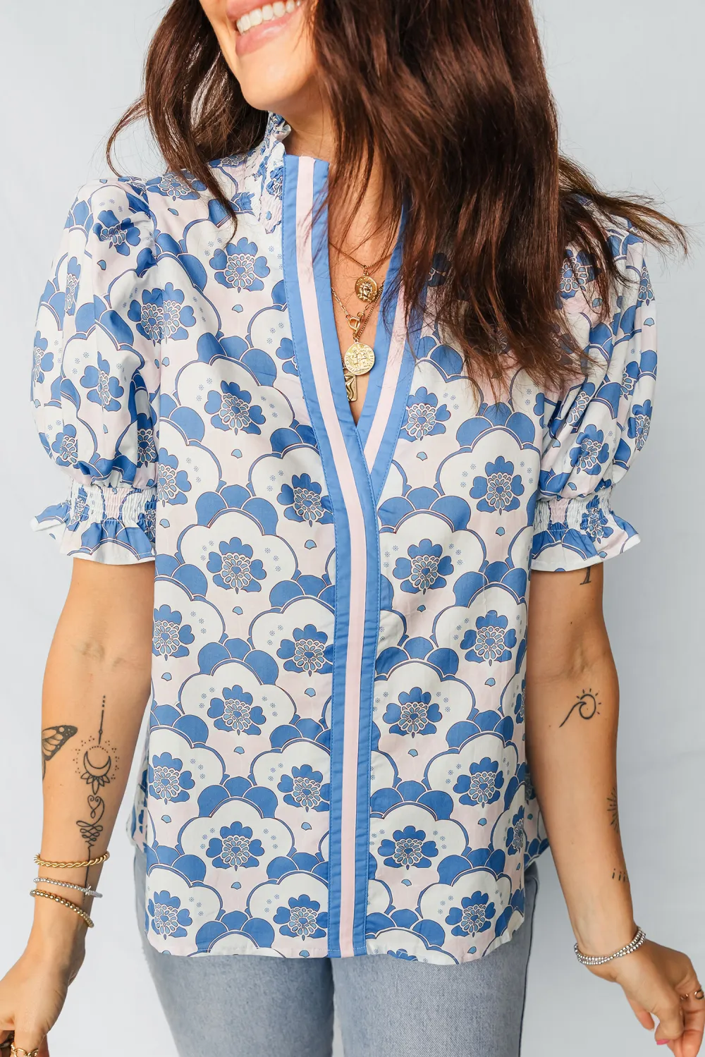 Sky Blue Floral Print Flounced Blouse