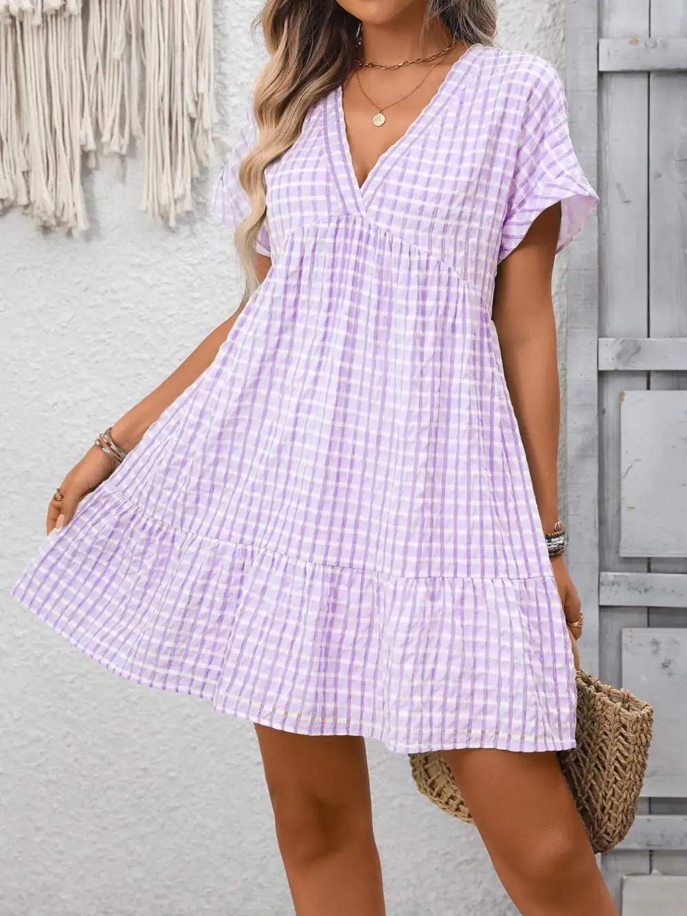 Modern V Neck Ruffle Mini Dress