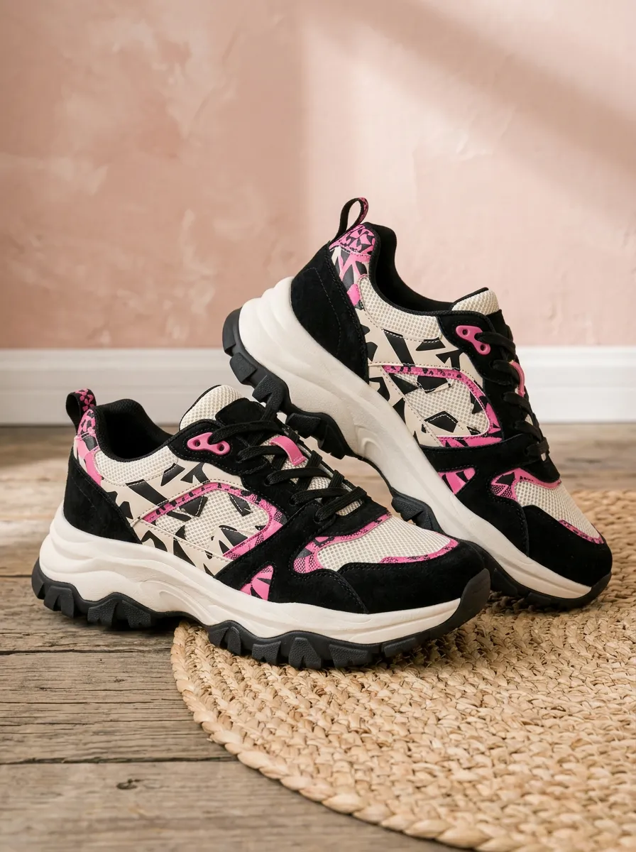 Women's Geometric Pattern Pink Black Printed Chunky Sneakers