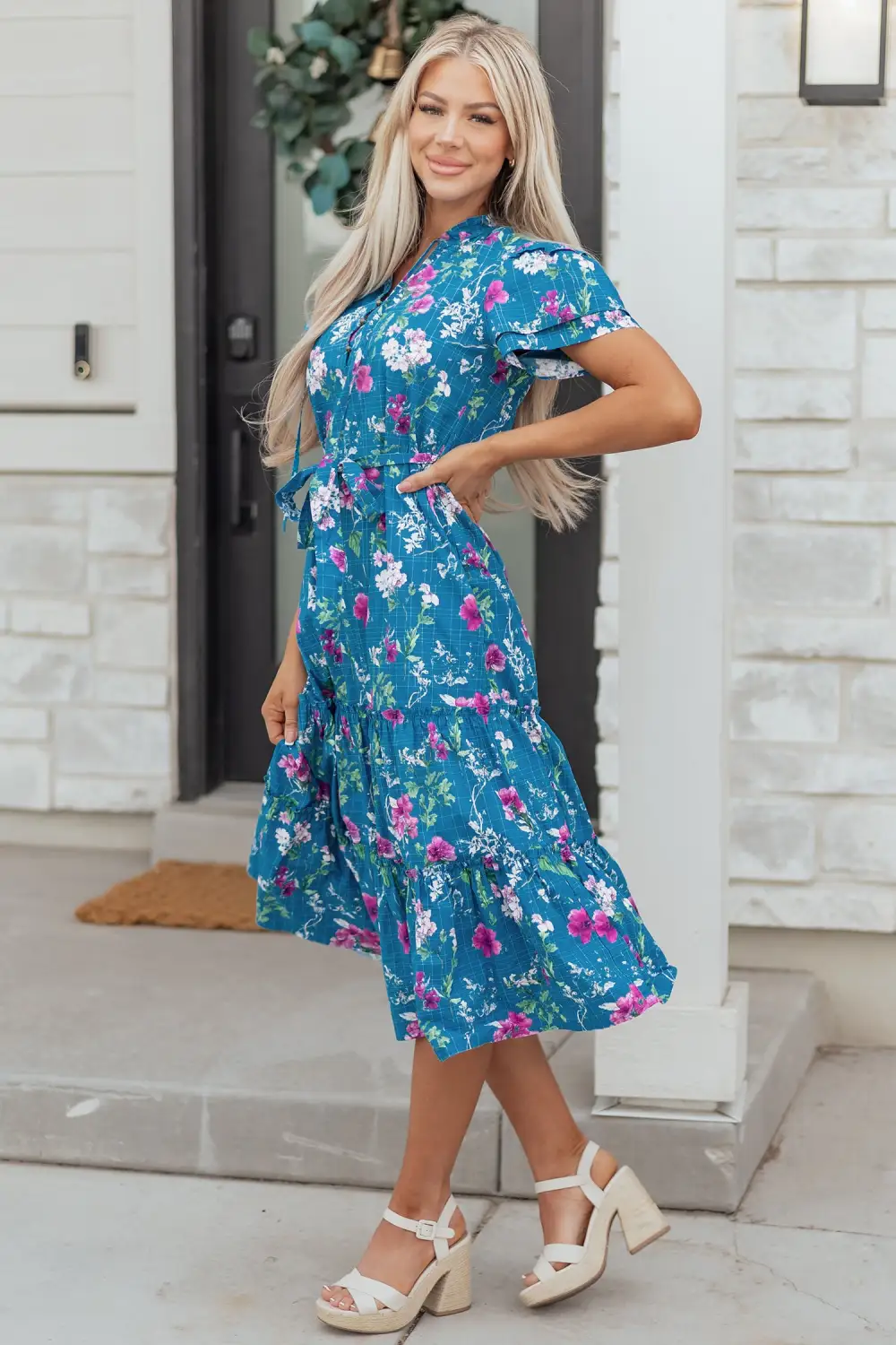 Floral Split Neck Tie Waist Dress Casual