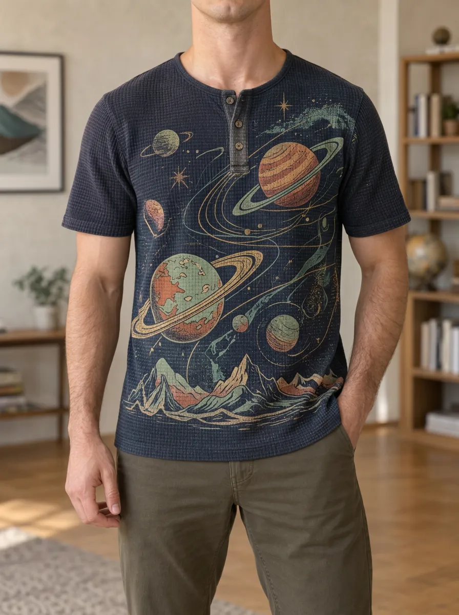 Men's Space Astronomy Lover Planet Mountain Printed Henley T-shirt