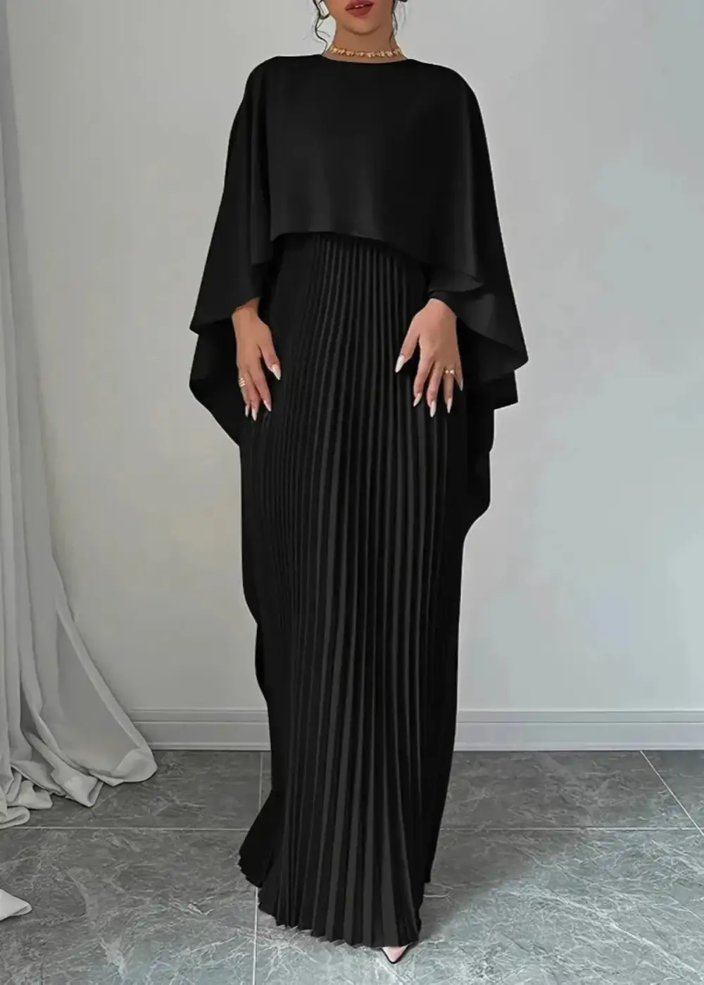  Pleated Maxi Dress Cape