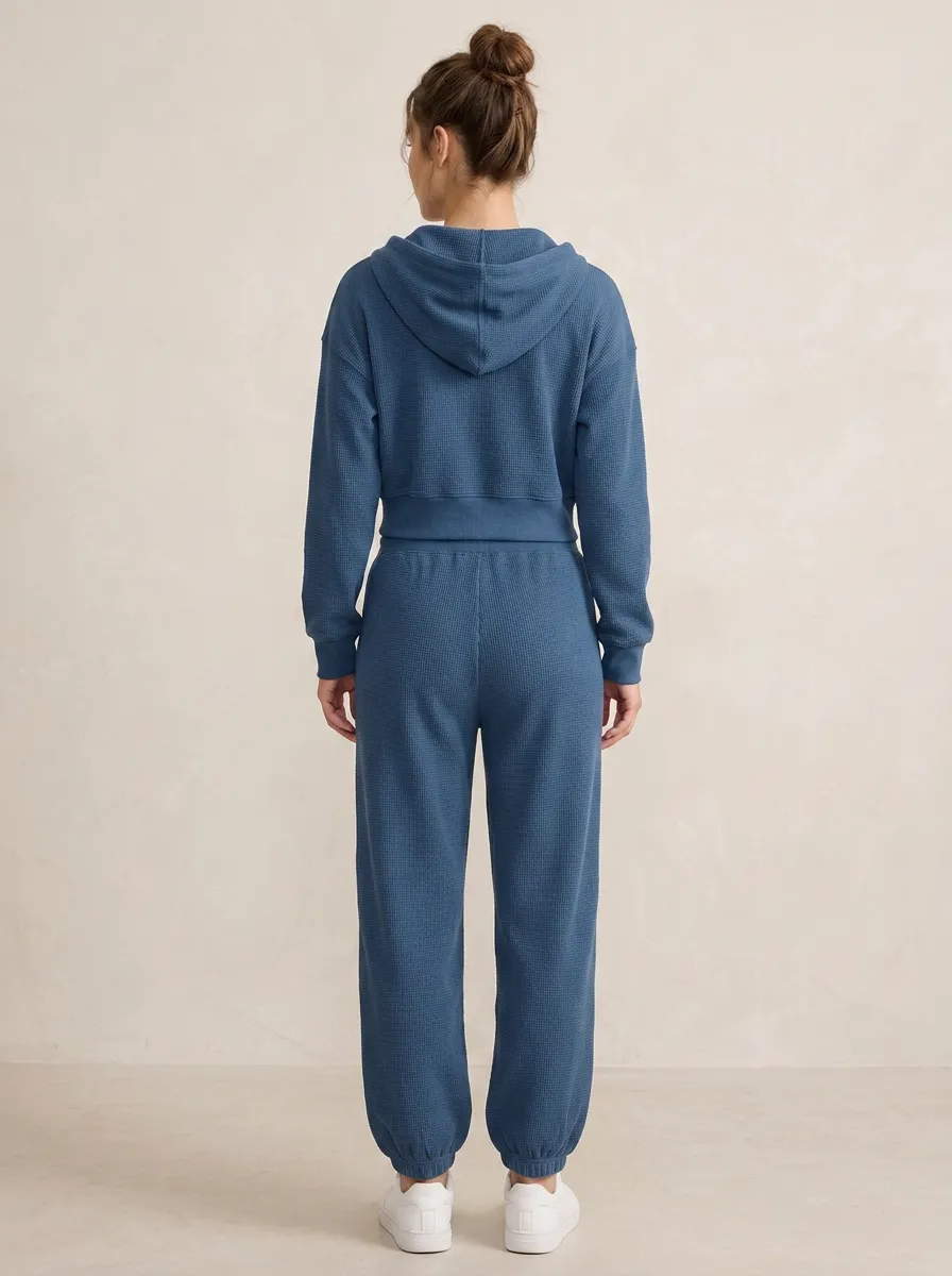 Zip-Up Waffle-Knit Jogger Sporty Women's Cropped Zip-Up Hoodie Jogger Active Set