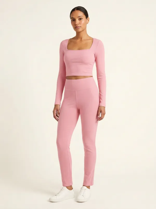 Women's Ribbed Square-Neck Crop Top and Tapered Legging Set