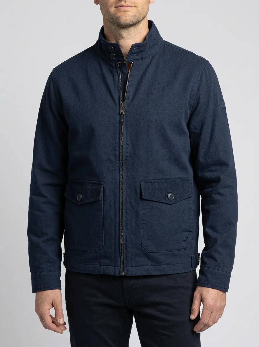 Men's Casual Navy Stand Collar Zip-Up Utility Jacket