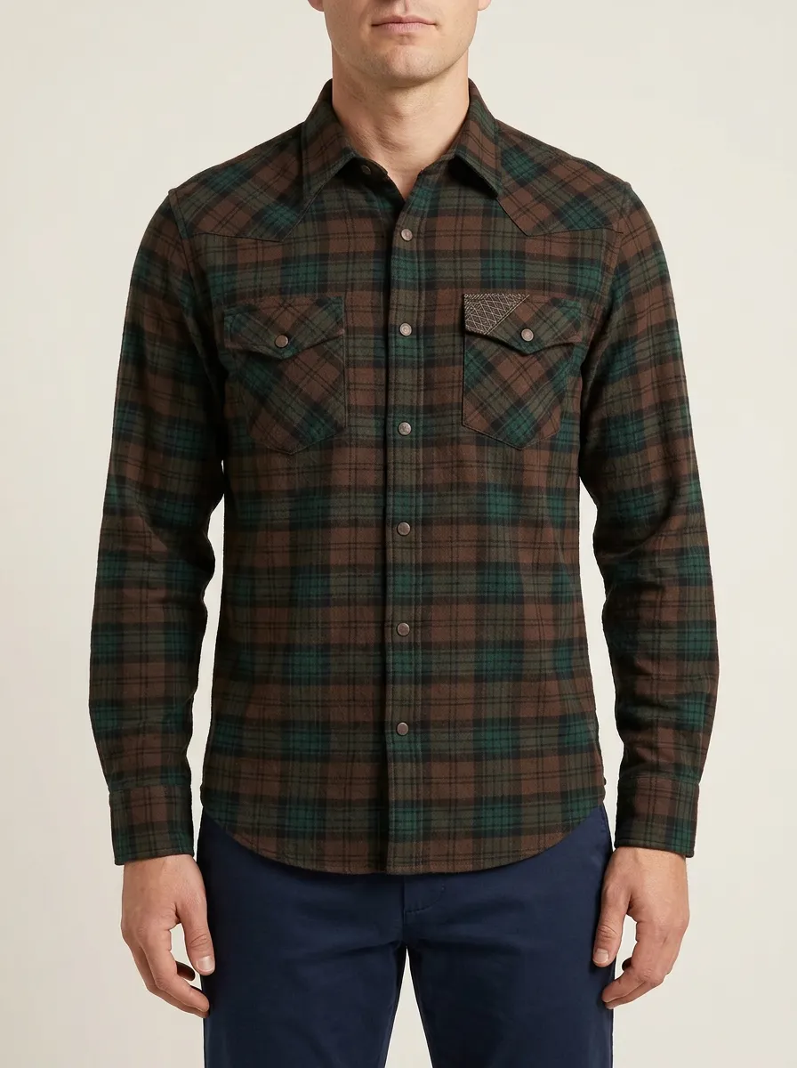 Men's Textured-Pocket Snap-Front Western Flannel Shirt