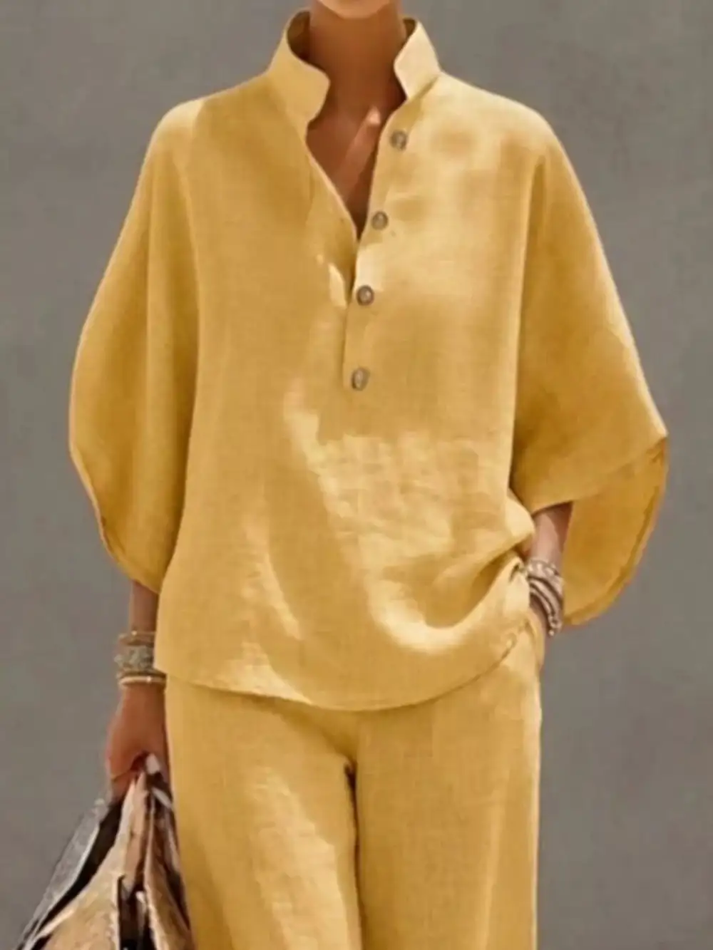 Full Size Button Detail Sleeve Top and Pants Set Plus Size