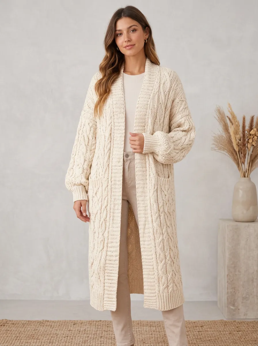 Women's Casual Winter Cream Cable Knit Long Cardigan Sweater