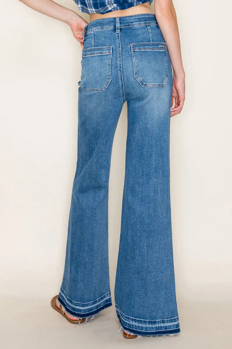 Women's High Rise Released Hem Patch Pocket Wide Leg Stretch Denim Jeans