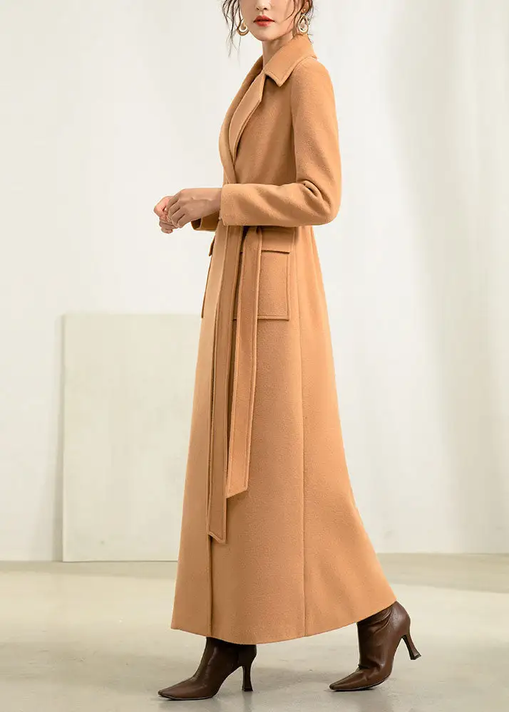 Wool Blend Fit and Flare Belted Lapel Collar Pocketed Long Coat