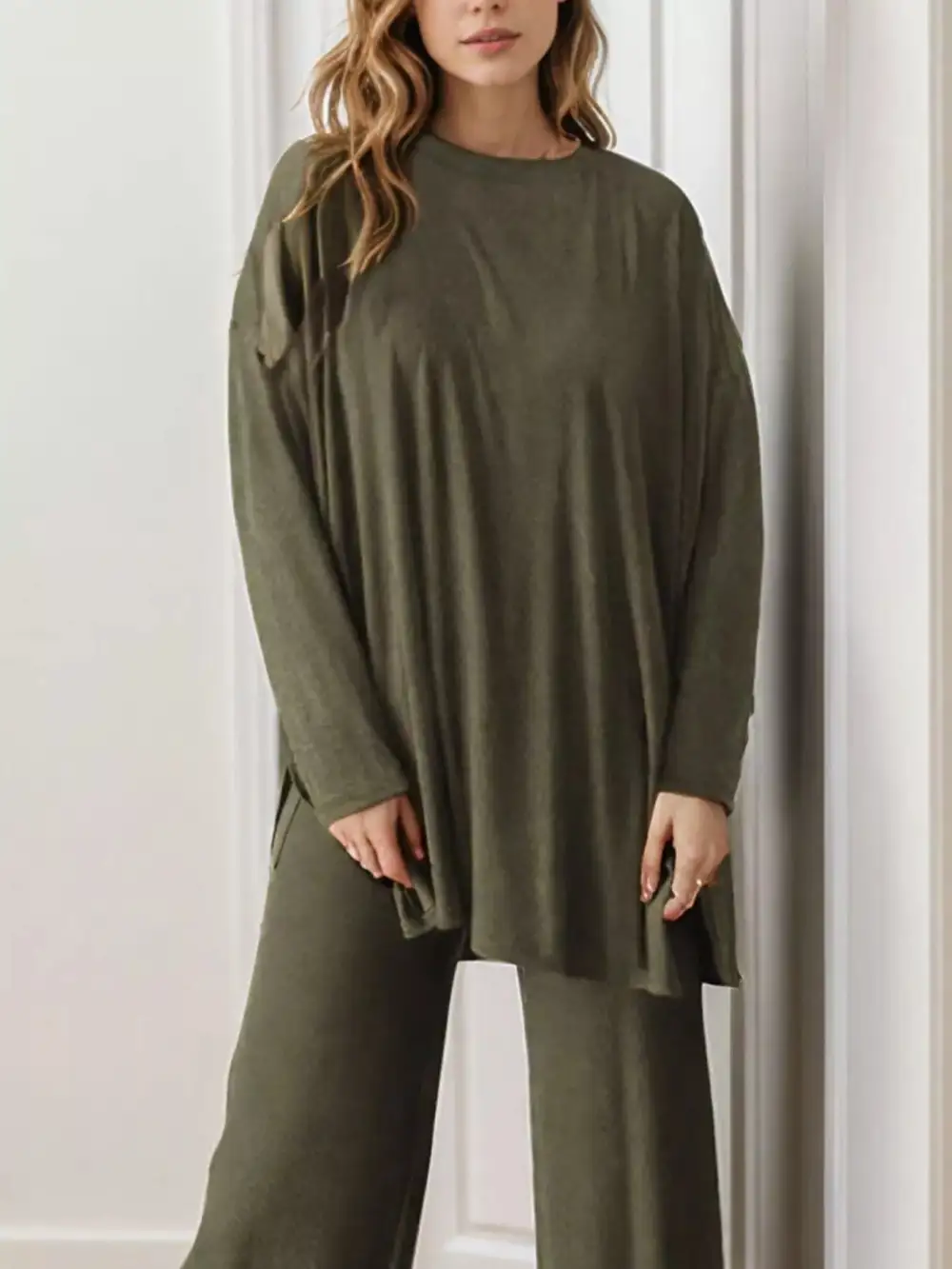 Casual Loose Long Sleeve Top and Wide Leg Pants Set