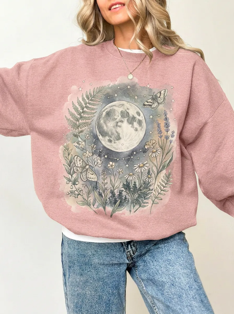 Women's Celestial Nature Moon Moth Floral Graphic Sweatshirt
