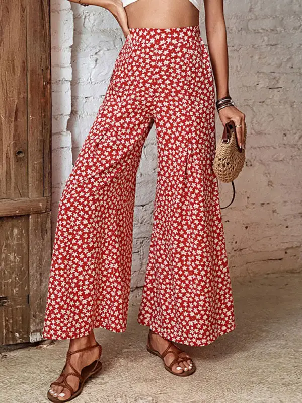 High Waist Floral Print Flared Wide Pants
